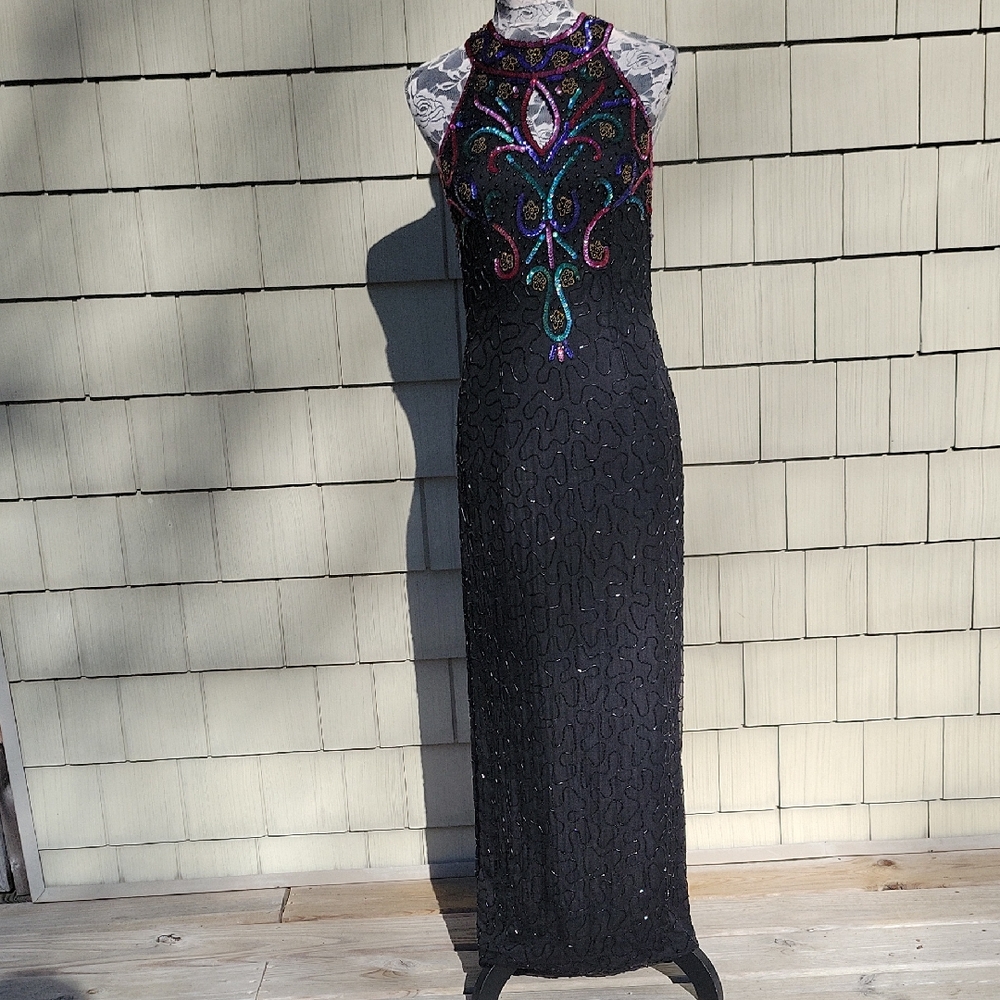 Beaded Halter Maxi Dress with Multicolor Embellishment